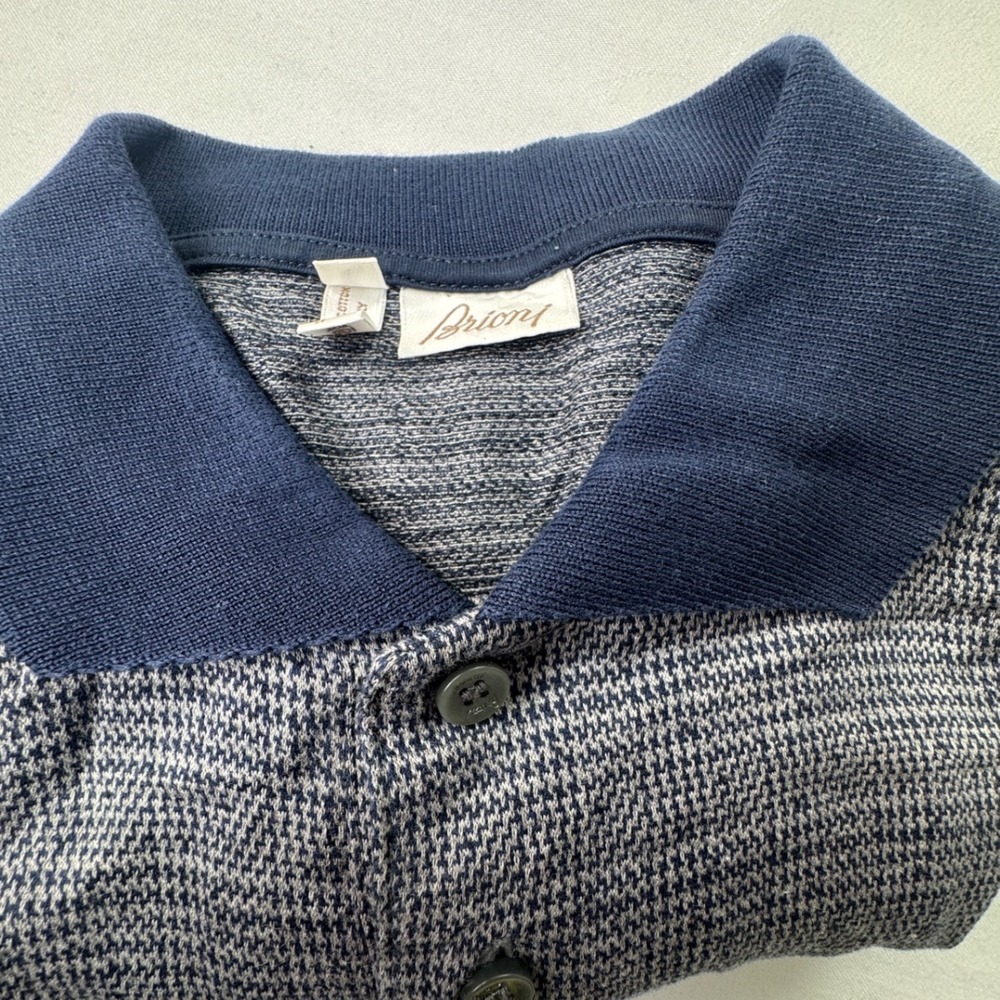 Brioni Mens Navy Blue Grey Micro Pattern Cotton Polo Shirt Made in Italy Size M